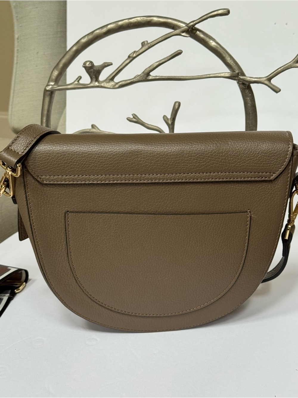 Taupe Leather Half-Moon Crossbody Bag with Gold Ring Accent - Picture 4 of 12